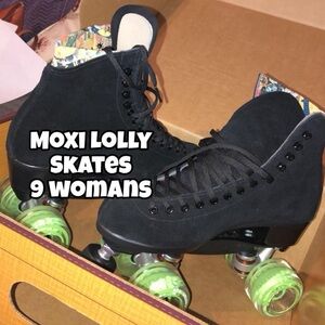 Moxi Lolly Black Suede Roller Skates with Neon Green Wheels